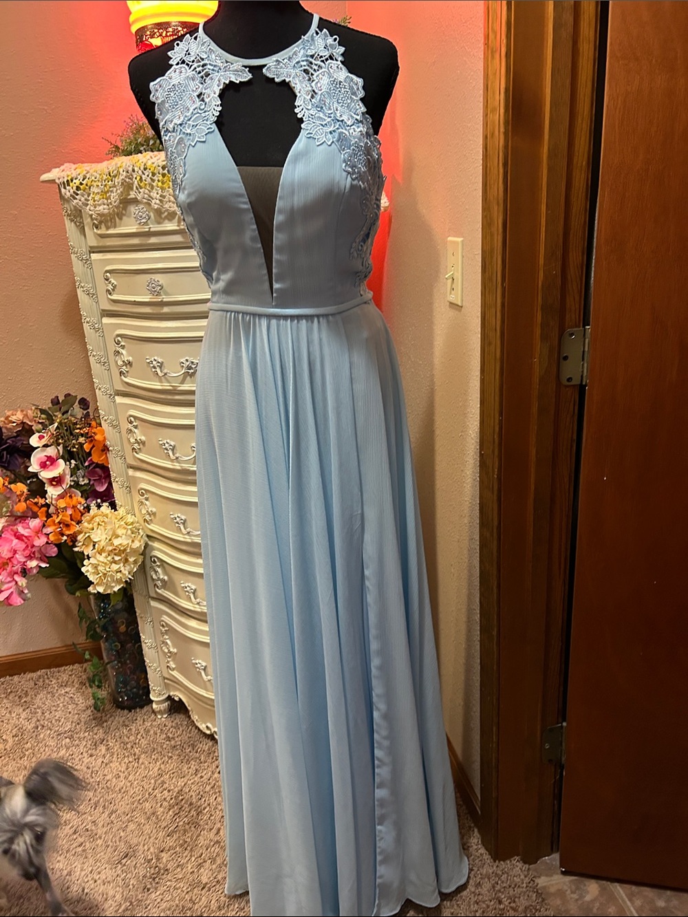 Faviana Light Blue Lace Halter Prom Gown